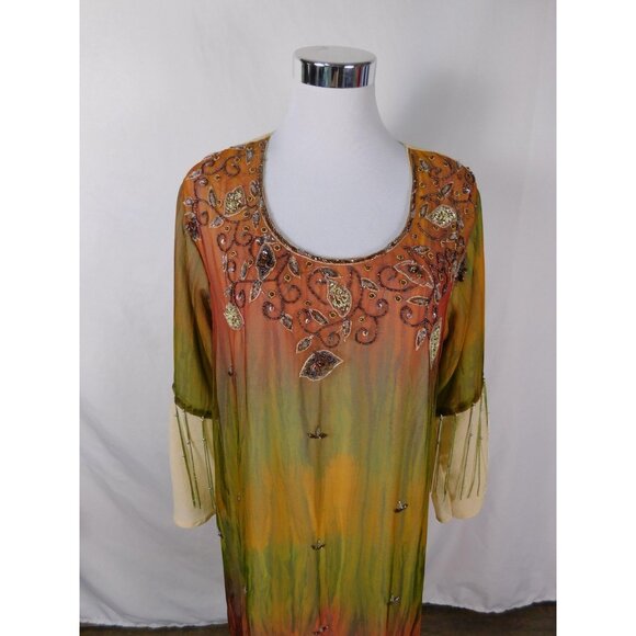 Boho Beaded Maxi Dress Womens 3 Embroidered Ombre Fringe Festival Summer Flowy - Picture 2 of 12
